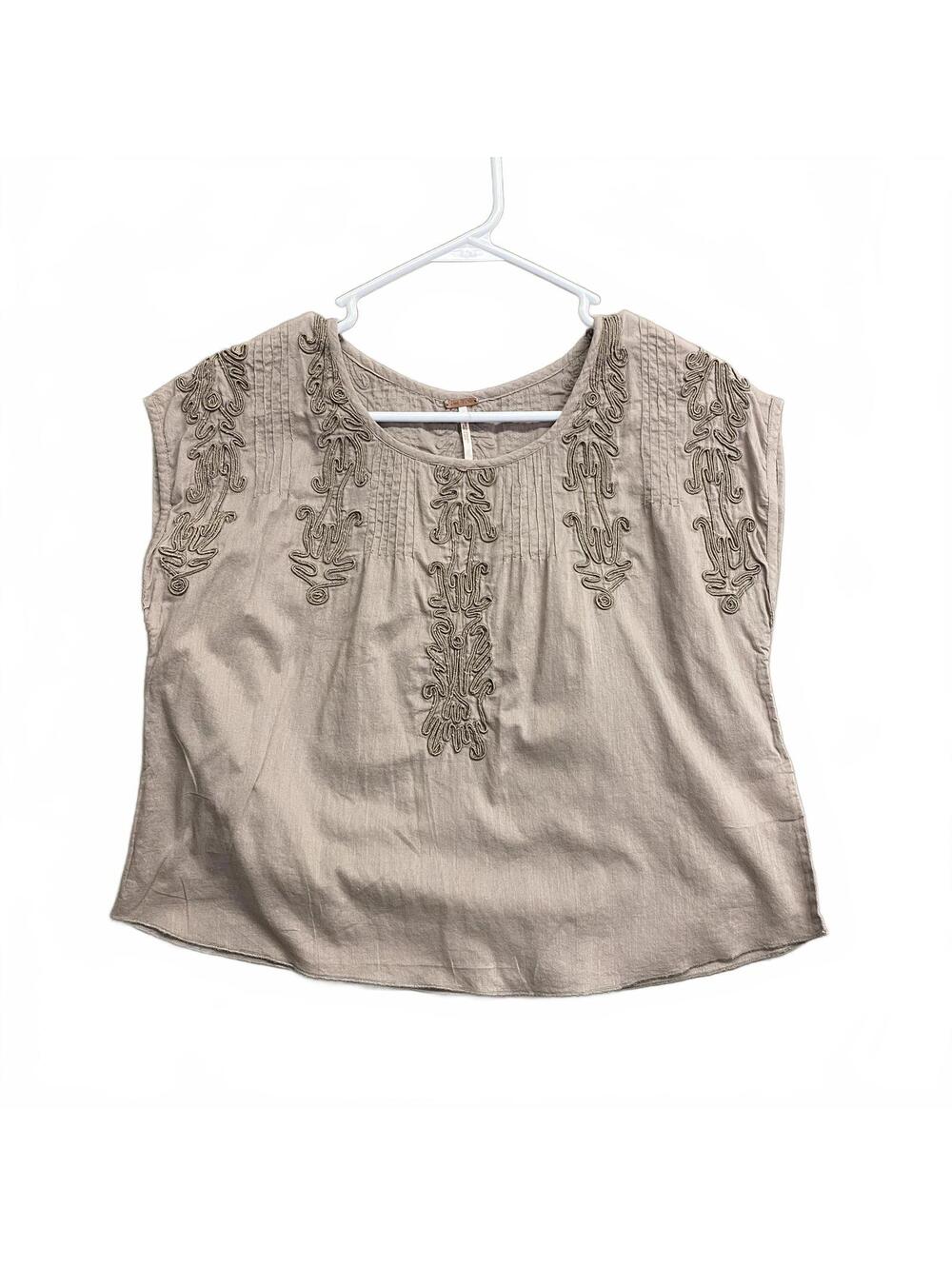 Free People Embroidered Beige 100% Cotton Sleeveless Blouse India Made Sz Small
